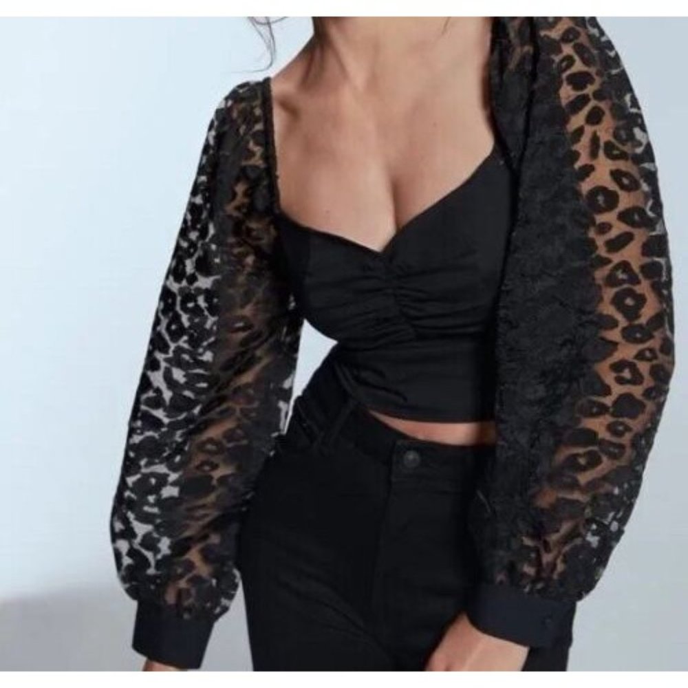 NWT ZARA Contrasting‎ Puffy Sleeves Organza Blouse Top Cropped Black Sz XS